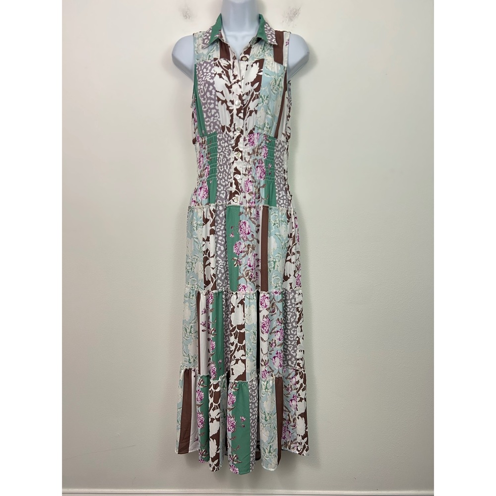 Figueroa & Flower Womens Small Green Patchwork Floral Smocked Maxi Dress